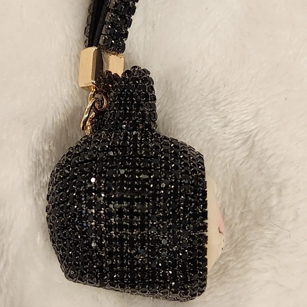 Labubu Black Rhinestone Keychain with Gold Ring Bag Charm